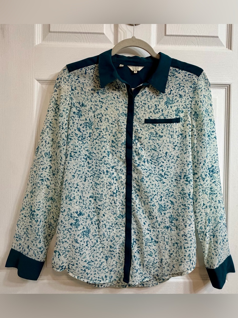 Guess Teal and White Animal Printed Lightweight Button Up Shirt